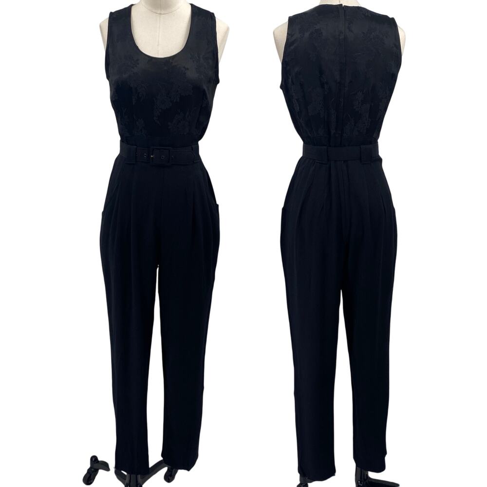 Vintage 90s Jumpsuit Belted Floral Satin Bodice Scoop Neck Sleeveless Black 4/6